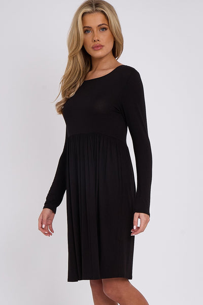 Black Long Sleeve Gathered Waist Dress