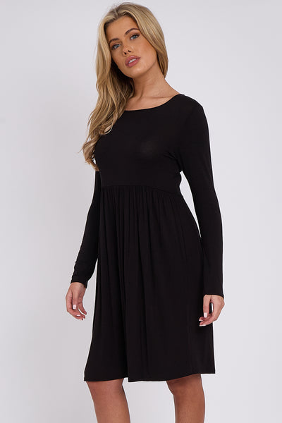 Black Long Sleeve Gathered Waist Dress