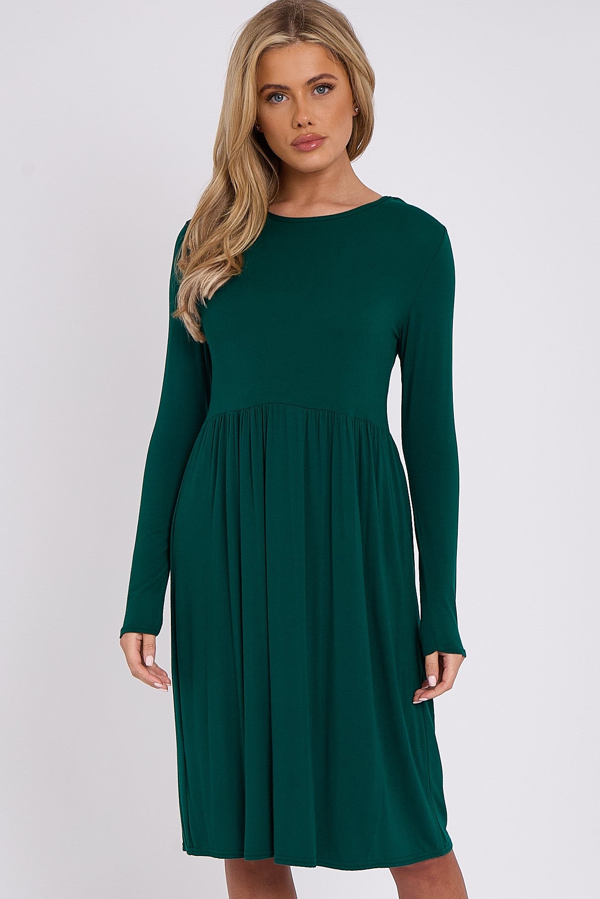 Green Long Sleeve Gathered Waist Dress