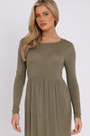 Khaki Long Sleeve Gathered Waist Dress