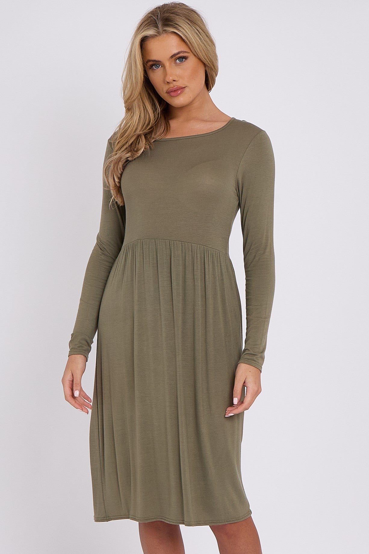 Khaki Long Sleeve Gathered Waist Dress