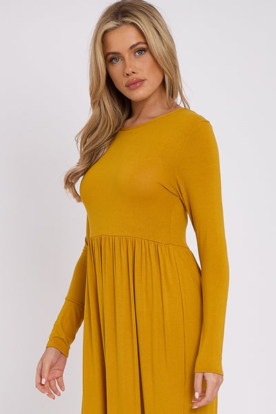 Mustard Long Sleeve Gathered Waist Dress