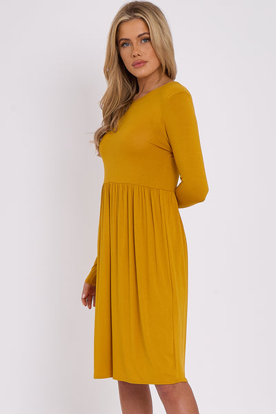 Mustard Long Sleeve Gathered Waist Dress