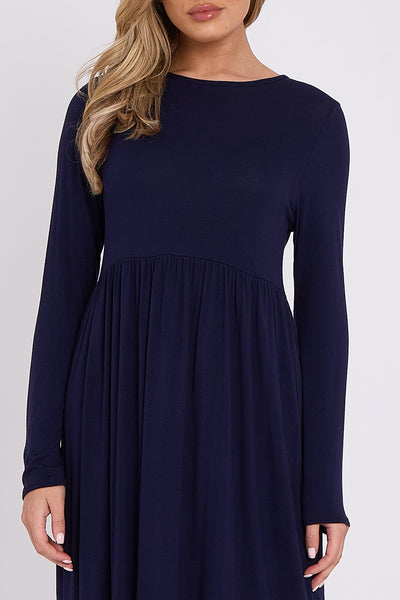 Navy Long Sleeve Gathered Waist Dress