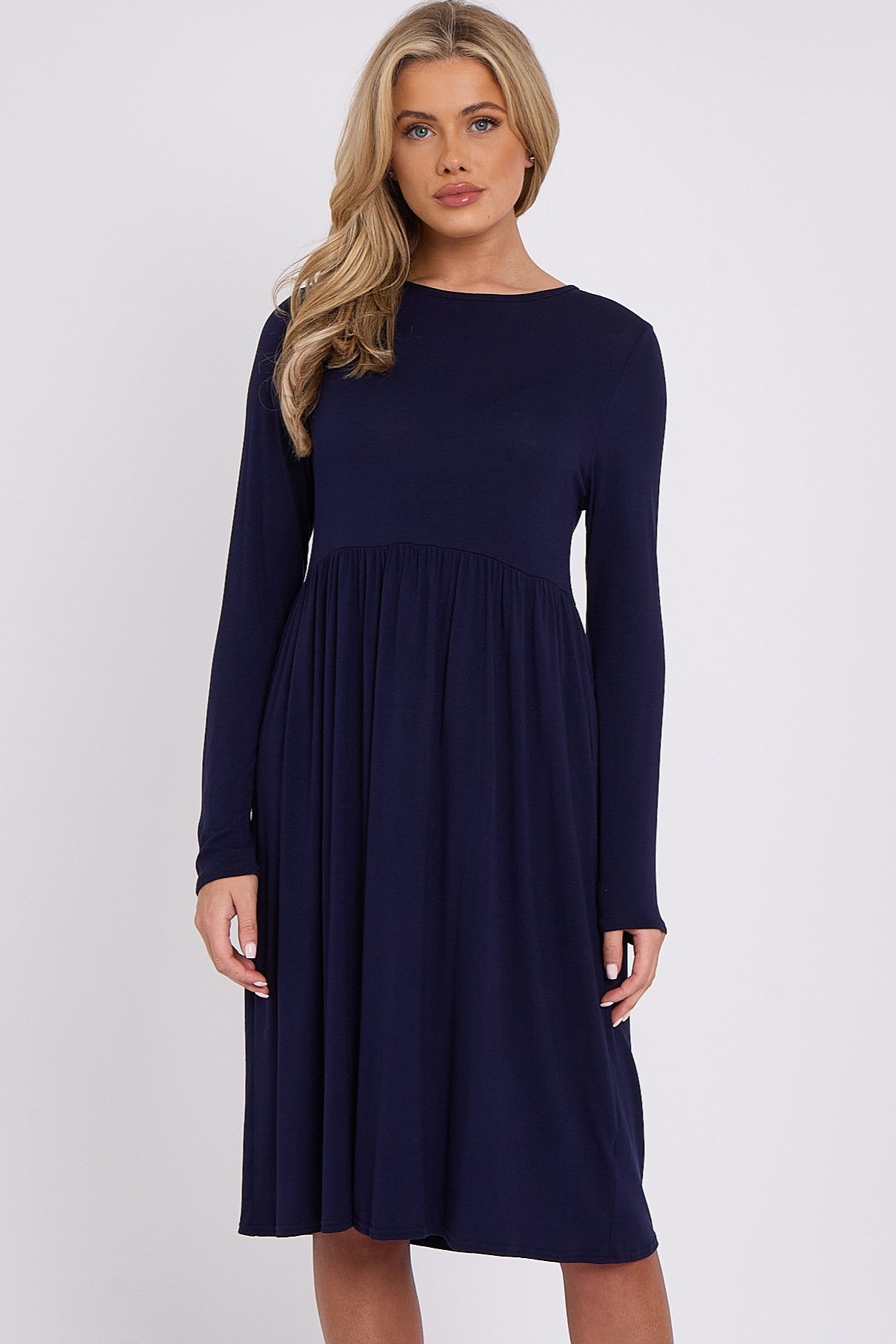 Navy Long Sleeve Gathered Waist Dress