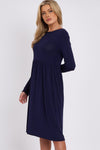 Navy Long Sleeve Gathered Waist Dress