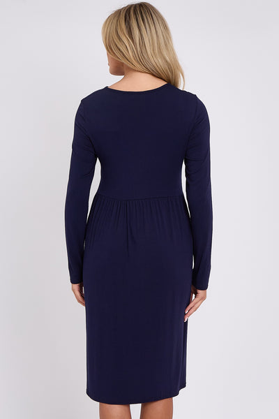 Navy Long Sleeve Gathered Waist Dress