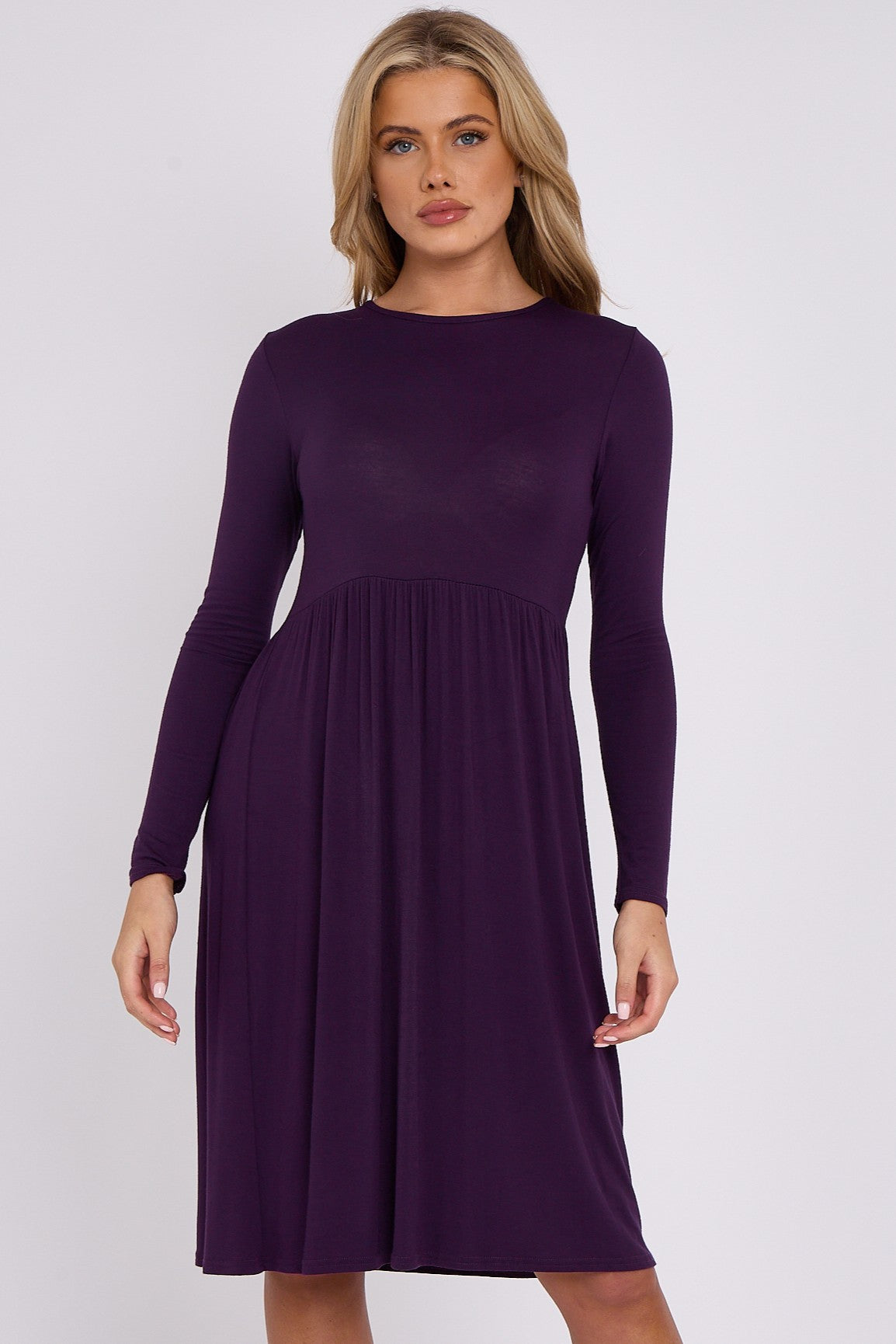 Purple Long Sleeve Gathered Waist Dress