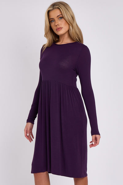 Purple Long Sleeve Gathered Waist Dress