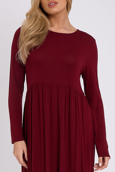 Wine Long Sleeve Gathered Waist Dress