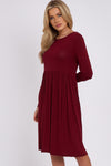 Wine Long Sleeve Gathered Waist Dress