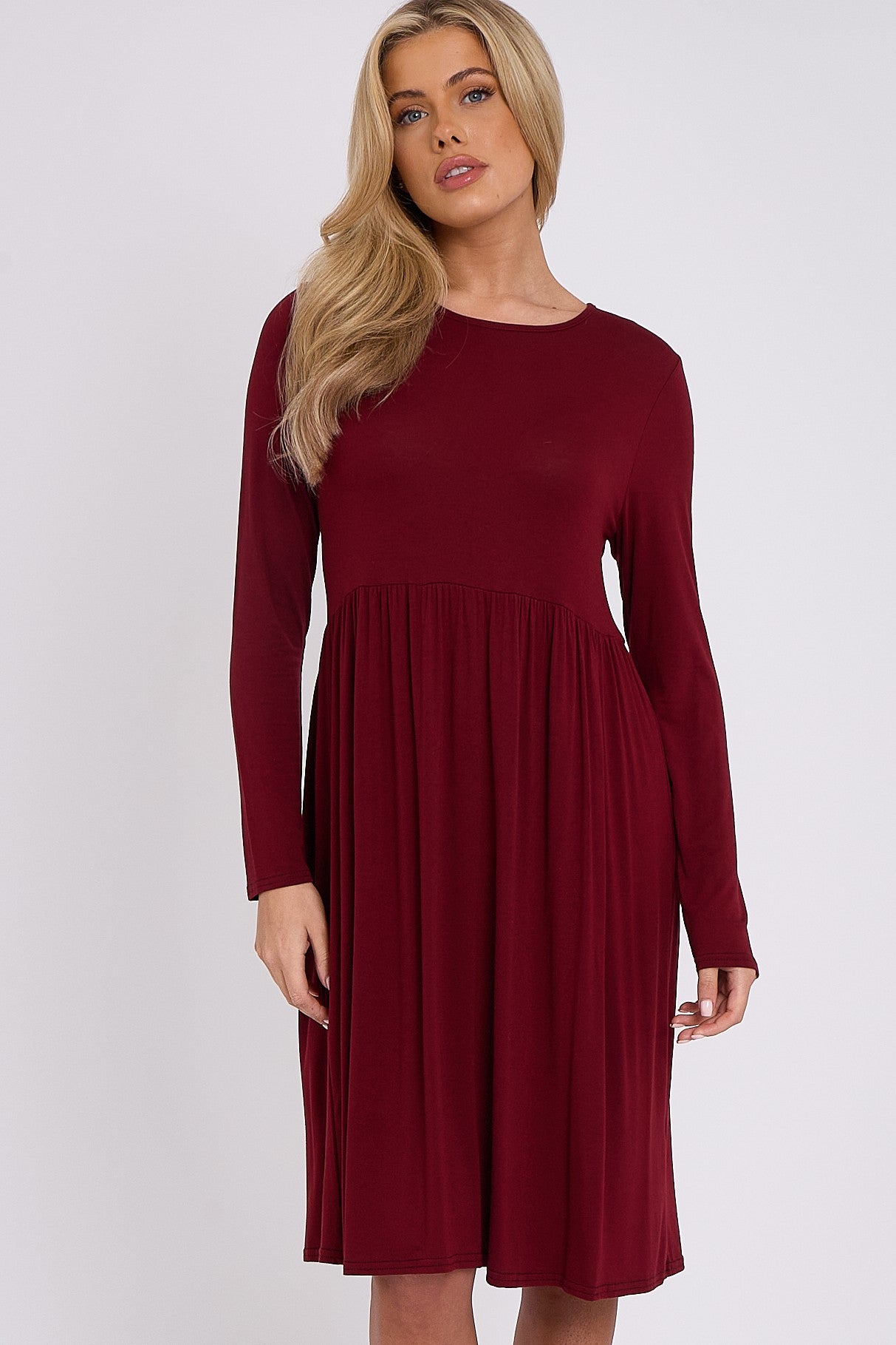 Wine Long Sleeve Gathered Waist Dress