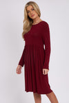 Wine Long Sleeve Gathered Waist Dress