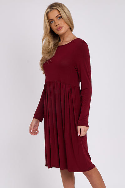 Wine Long Sleeve Gathered Waist Dress