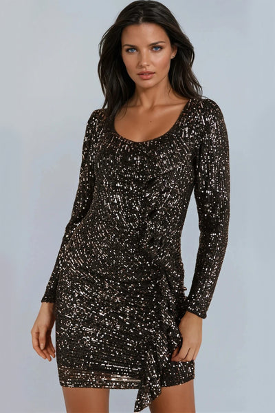 Black Gold Sequin Long Sleeve Bodycon Dress with Frill Detail