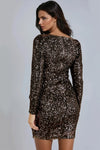 Black Gold Sequin Long Sleeve Bodycon Dress with Frill Detail