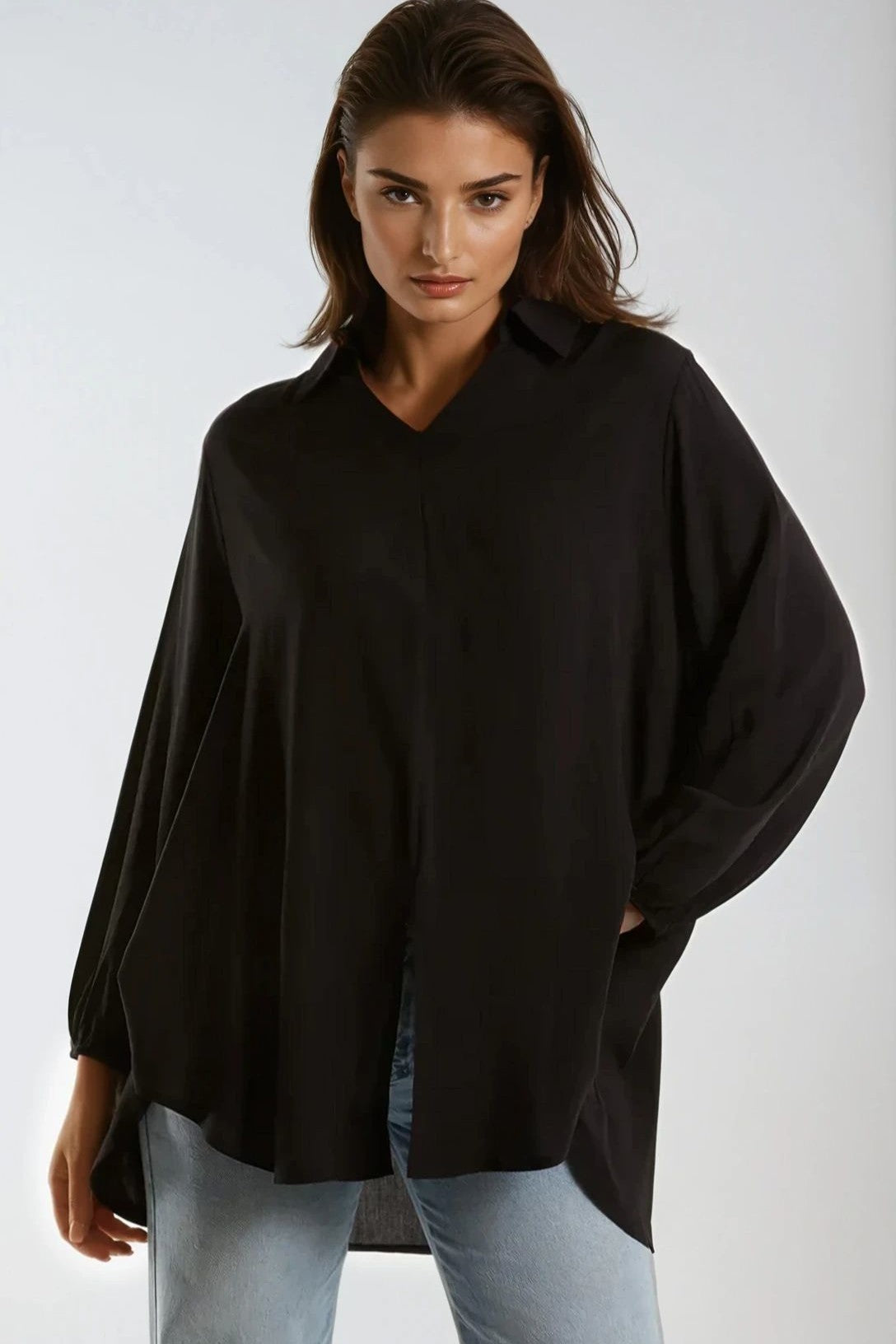 Black Open Collar Blouse