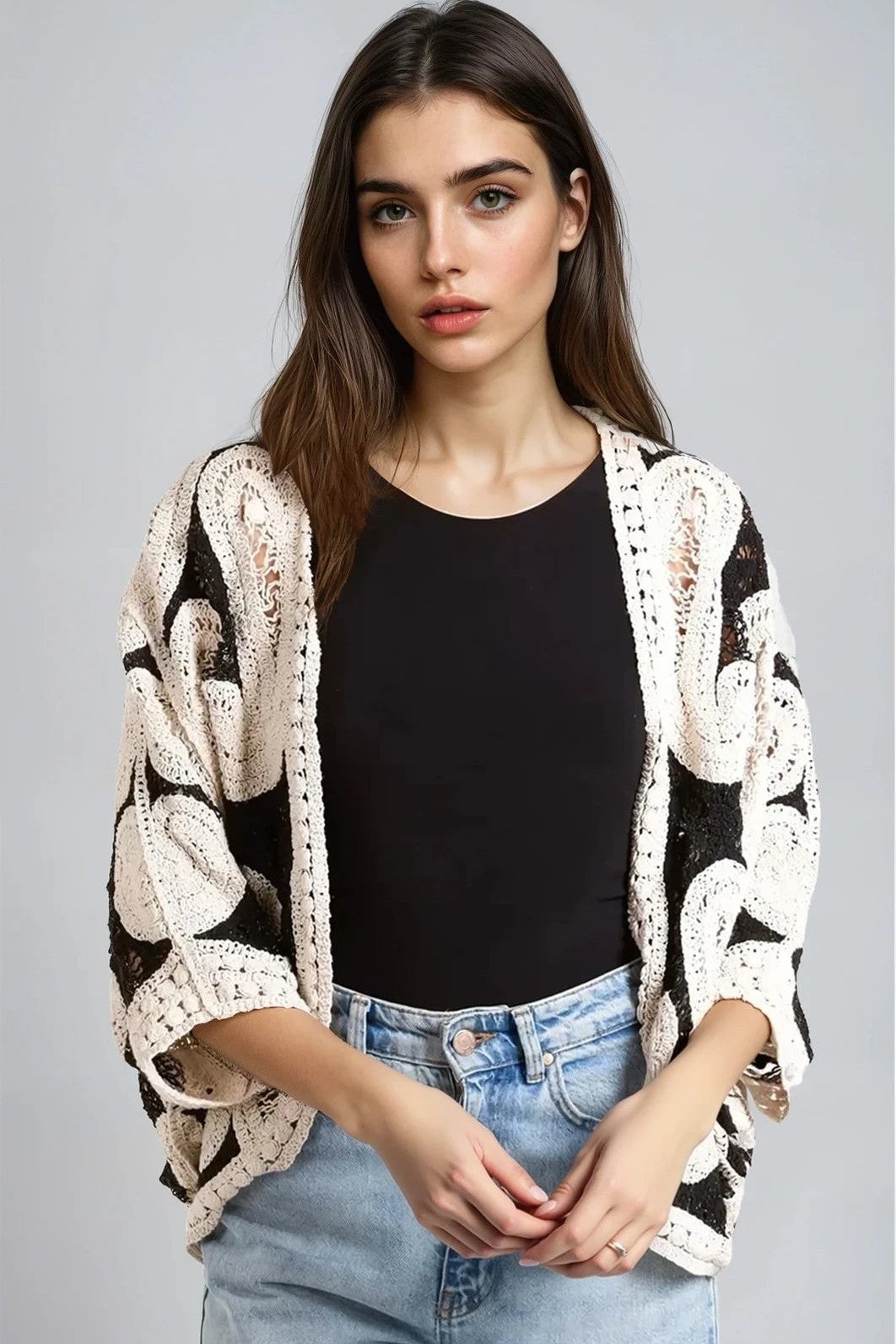 Black and Beige Paisley Crochet Batwing Kimono