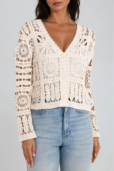 Beige Patchwork Crochet V Neck Cardigan