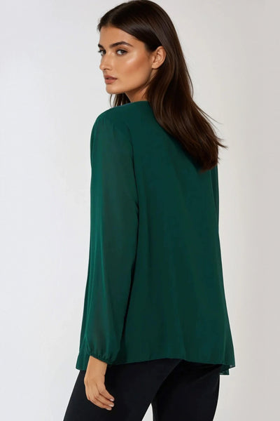 Green Pleated Long Sleeve Blouse With Necklace