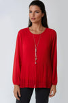 Red Pleated Long Sleeve Blouse With Necklace