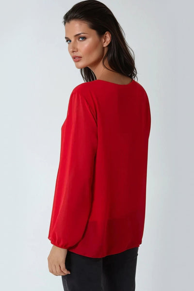 Red Pleated Long Sleeve Blouse With Necklace