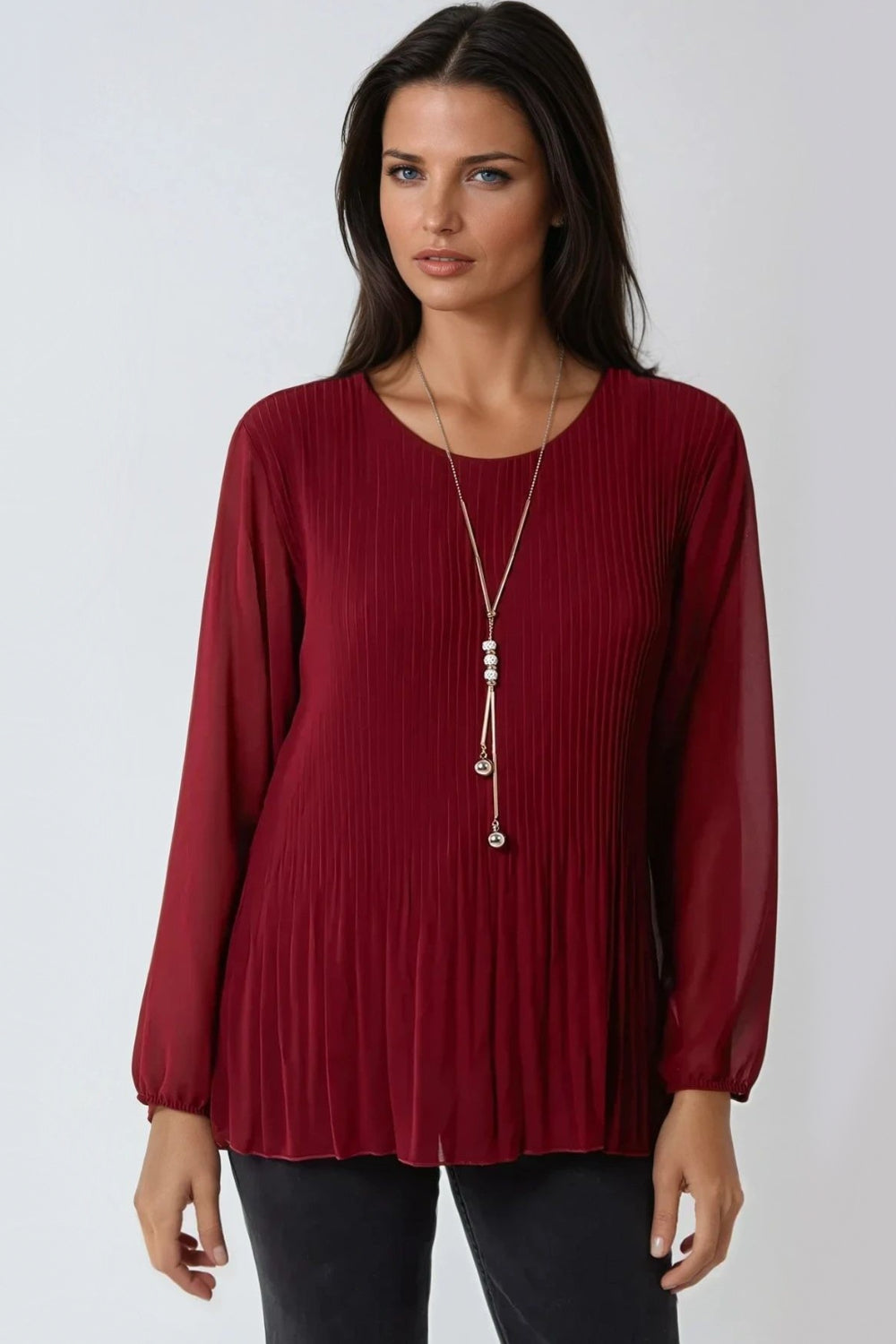 Wine Pleated Long Sleeve Blouse With Necklace