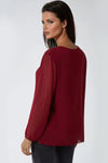 Wine Pleated Long Sleeve Blouse With Necklace