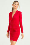 Red Plunge Neck Ruched Mini Dress