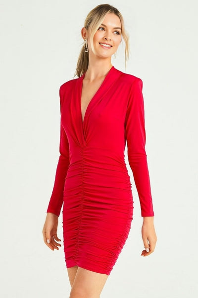 Red Plunge Neck Ruched Mini Dress