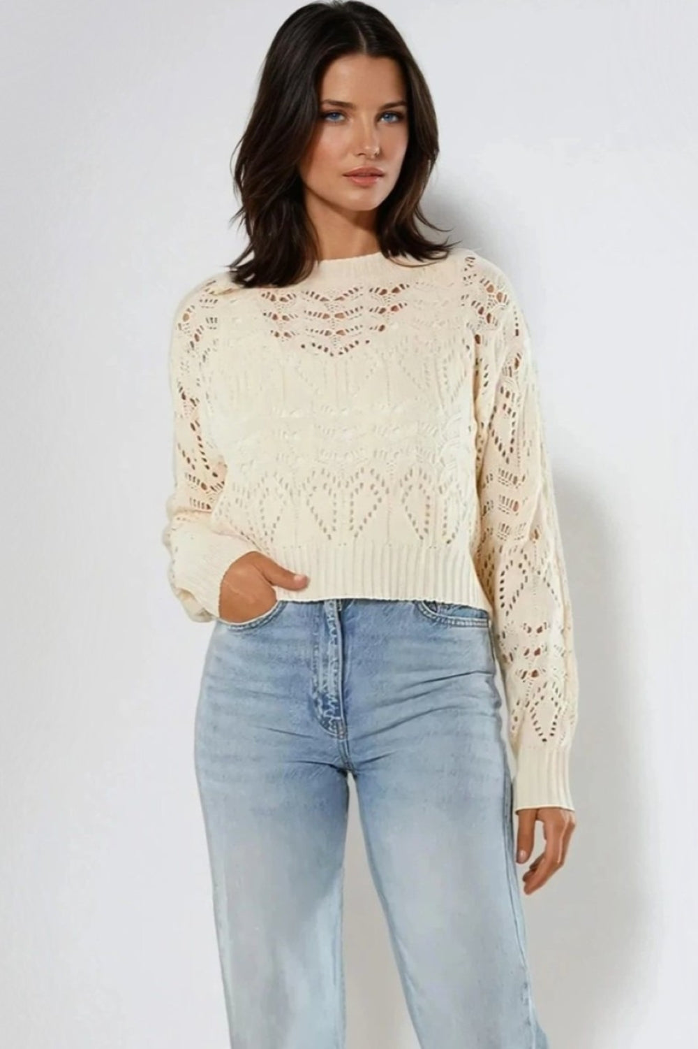 Ivory Pointelle Knit Crop Jumper