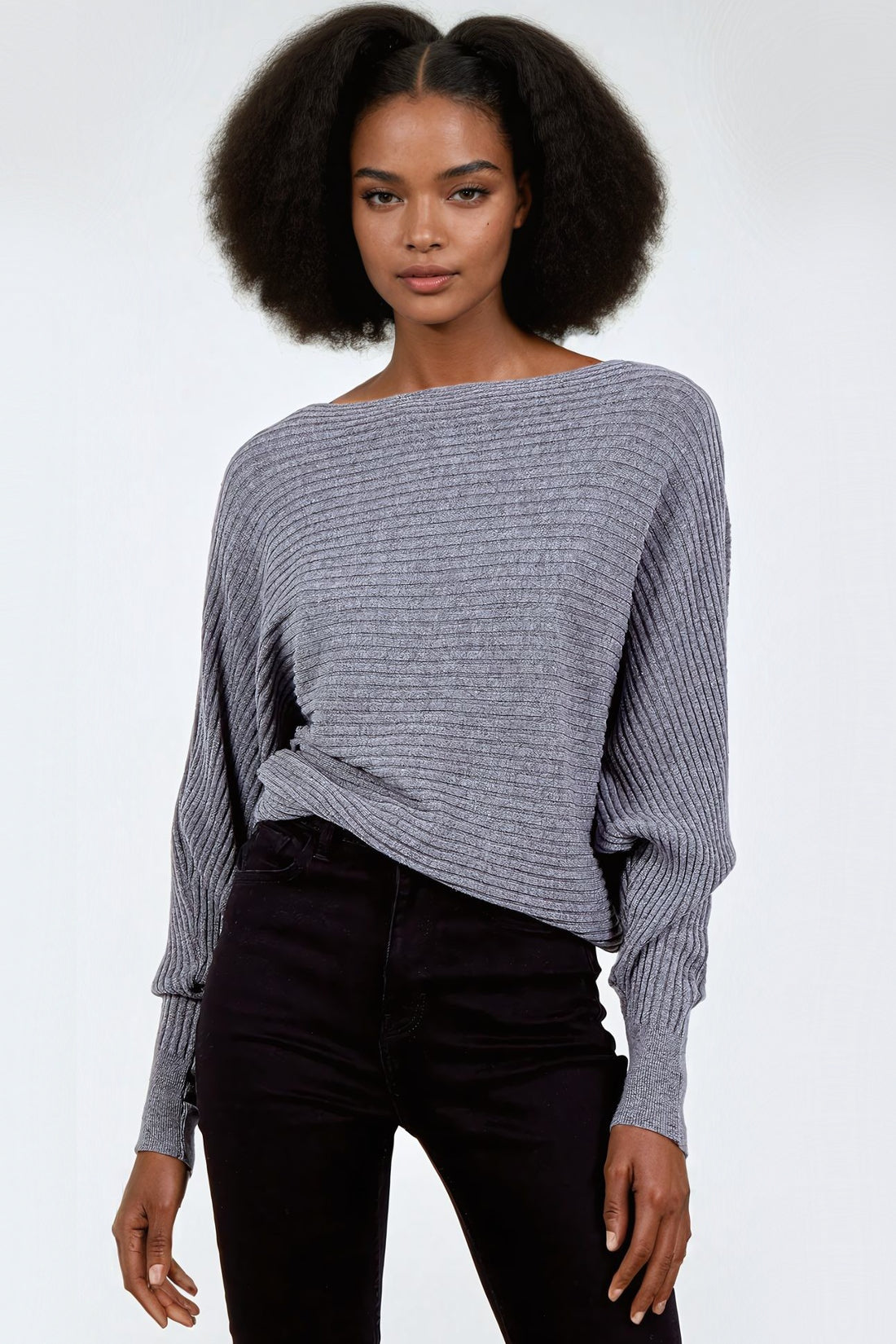 Grey Ribbed Batwing Jumper