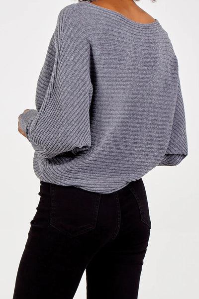 Grey Ribbed Batwing Jumper