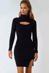 Black Ribbed Cut Out Roll Neck Dress