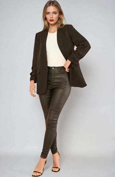 Black Blazer with Ruched Sleeves