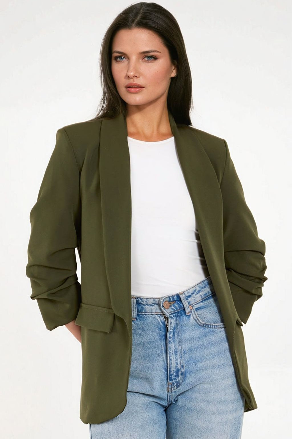 Khaki Blazer with Ruched Sleeves