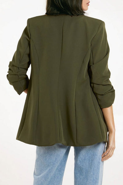 Khaki Blazer with Ruched Sleeves