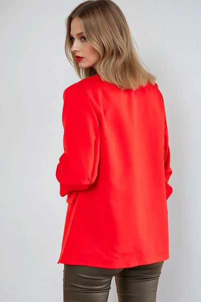 Red Blazer with Ruched Sleeves