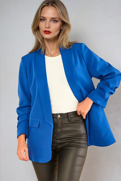 Royal Blue Blazer with Ruched Sleeves