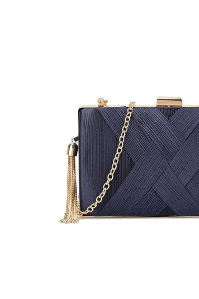 Navy Satin Clutch Bag With Tassels