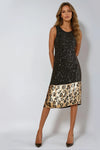 Black Gold Sequin Midi Dress with Leopard Trim