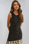 Black Gold Sequin Midi Dress with Leopard Trim