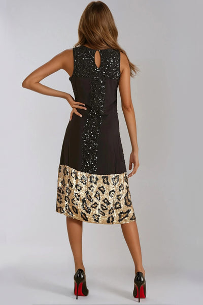 Black Gold Sequin Midi Dress with Leopard Trim