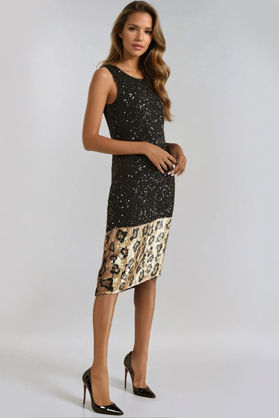 Black Gold Sequin Midi Dress with Leopard Trim