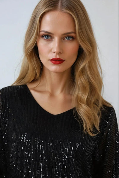 Black Sequin V Neck Long Sleeve Top