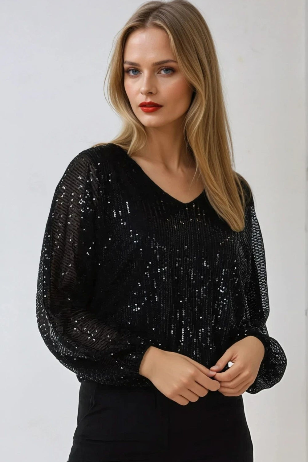 Black Sequin V Neck Long Sleeve Top