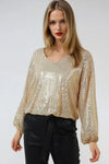 Gold Sequin V Neck Long Sleeve Top