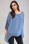 Denim Blue Silk Batwing Sleeve Blouse