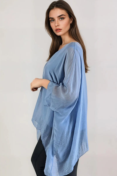 Denim Blue Silk Batwing Sleeve Blouse