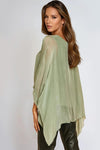 Khaki Silk Batwing Sleeve Round Neck Blouse